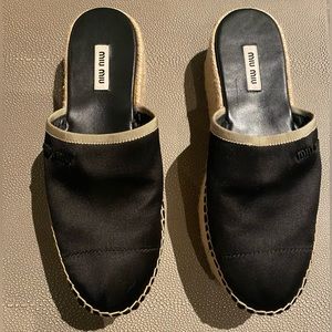 Miu Miu Black and Natural Espadrille Mule Slides